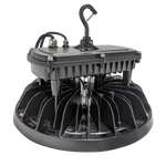 UFO LED High Bay lighting fixture with durable heat sink and hook for easy installation in commercial spaces.