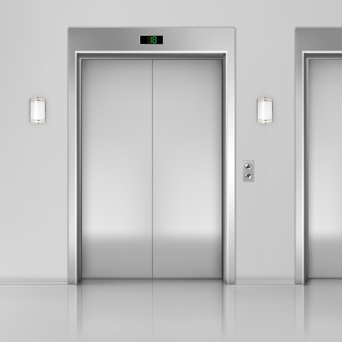 LED Wall Sconce brushed nickel with opal acrylic shade installed beside elevator doors in modern setting