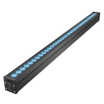 Black linear facade lighting fixture with blue LED light.