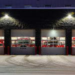 Semi Cutoff LED Wall Pack 125W lighting a fire station exterior with clear, bright illumination at night