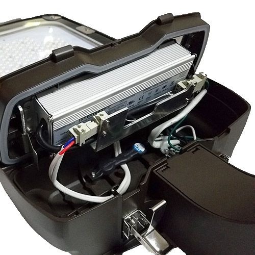Internal view of LED Architectural Shoebox Light 240W showing wiring and high efficiency LED driver unit