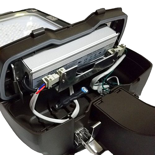 Internal components and wiring of the LED Architectural Shoebox Light - 120W showing driver and connectors inside casing