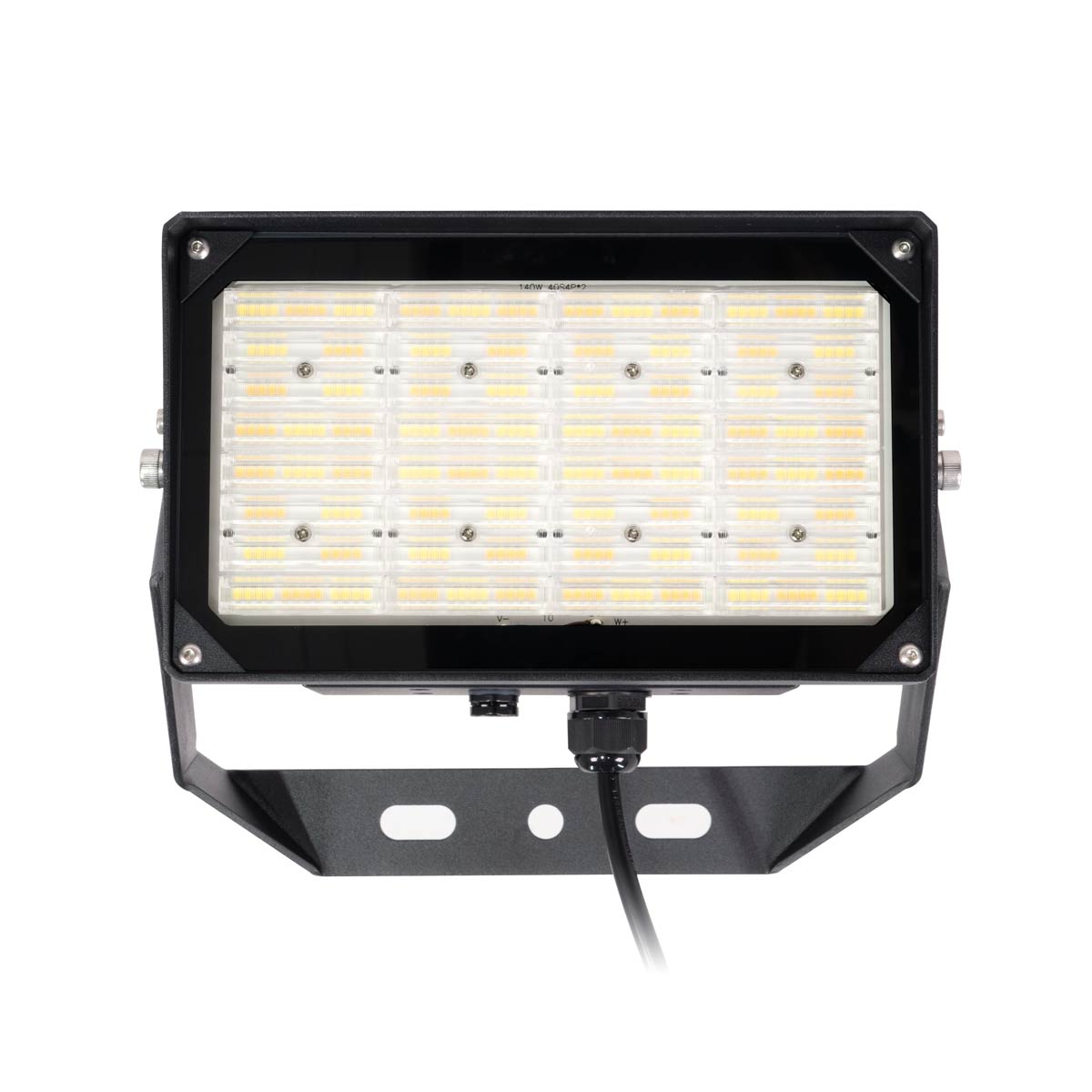 Selectable FL Series LED Flood Light with black housing and adjustable mounting bracket seen from front angle