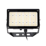 Selectable FL Series LED Flood Light with black housing and adjustable mounting bracket seen from front angle