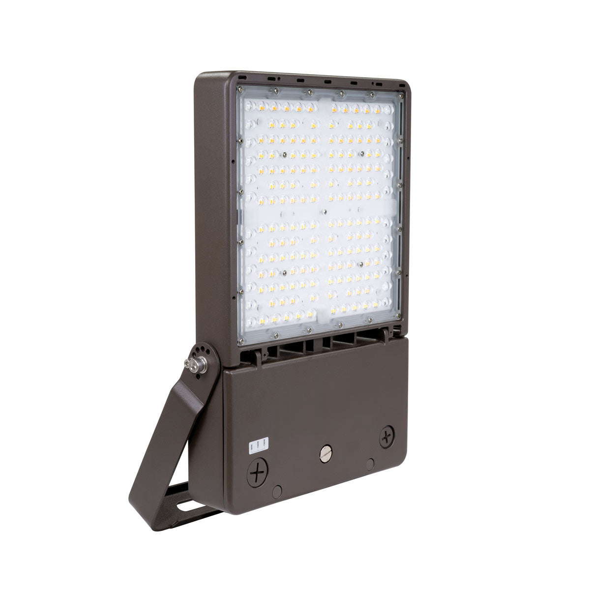150W LED flood light with adjustable color and wattage settings in durable brown housing for outdoor use