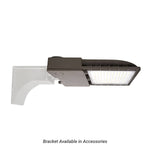 LED Shoebox Area Light 250W mounted on wall bracket with sealed design for outdoor use and long lifespan