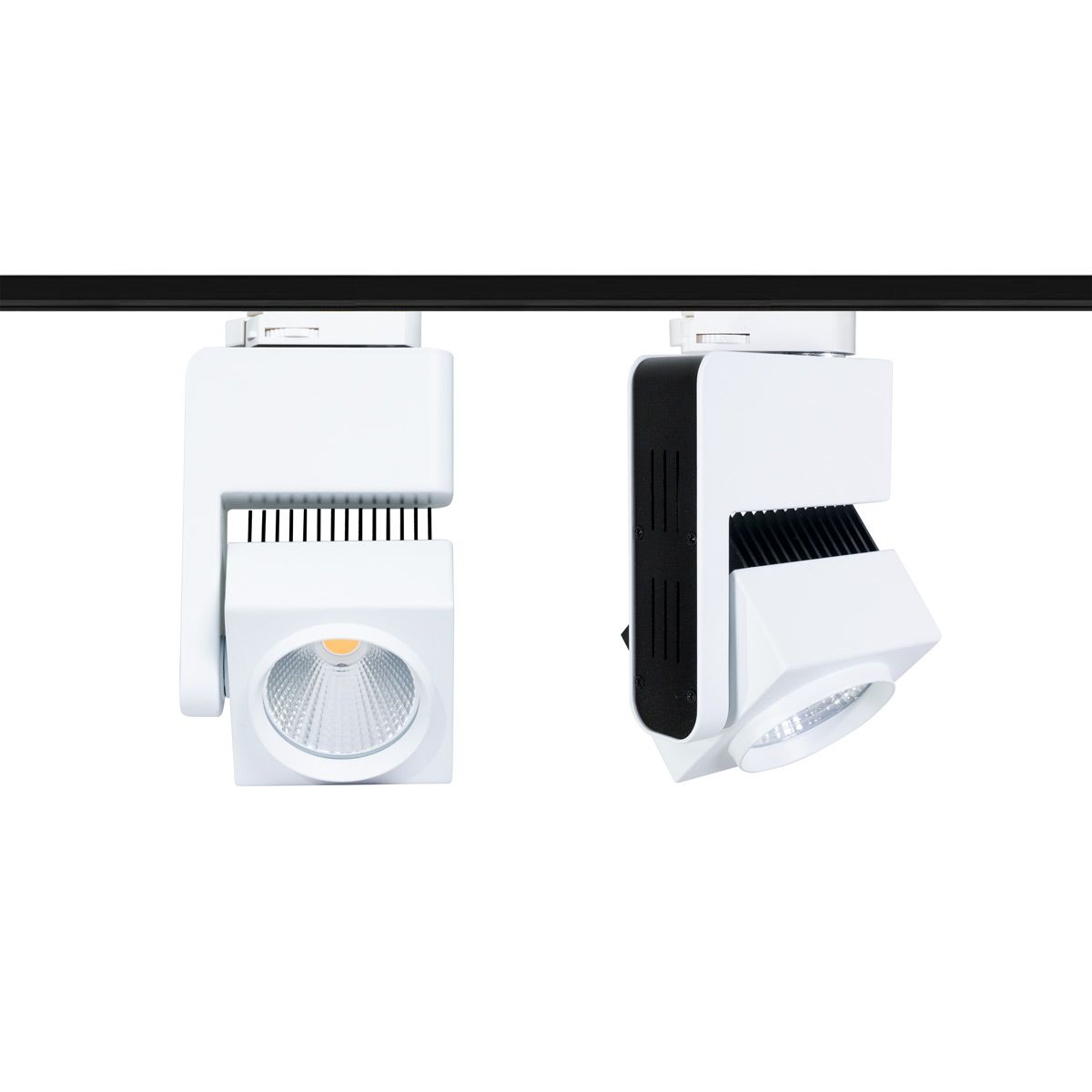 White 20W Dimmable LED Track Light with adjustable heads mounted on a black H-style track for focused lighting