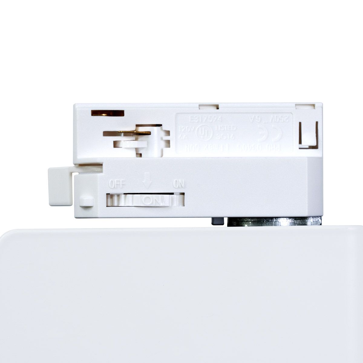 White dimmable control module of 20W Dimmable LED Track Light showing on off switch and electrical contacts