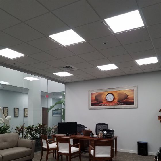 2x2 Backlit LED Panel 3 CCT MaxLite FlatMax Gen5 installed in office drop ceiling providing bright illumination