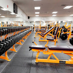 Bright gym interior lit by 2x4 Backlit LED Panel 3 CCT 22W 30W 38W MaxLite FlatMax Gen5 ceiling lights