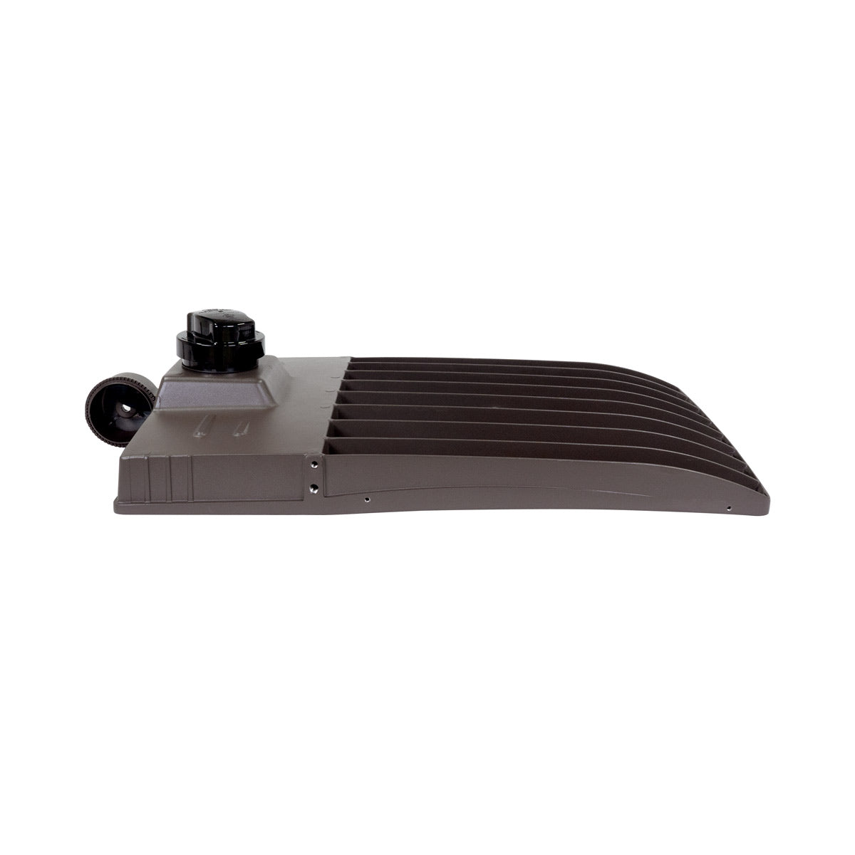 Side view of ECO LED Shoebox Area Light 300W 43,500 lumens in dark gray die-cast aluminum housing