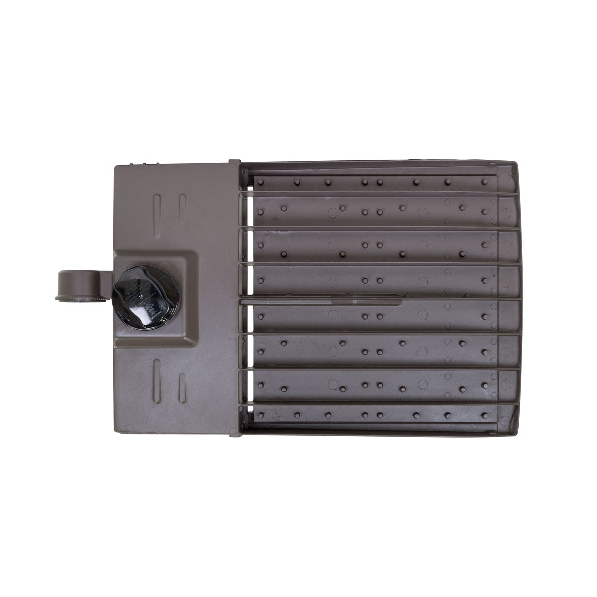 Top view of ECO LED Shoebox Area Light 300W with weather-resistant housing and cooling fins on white background
