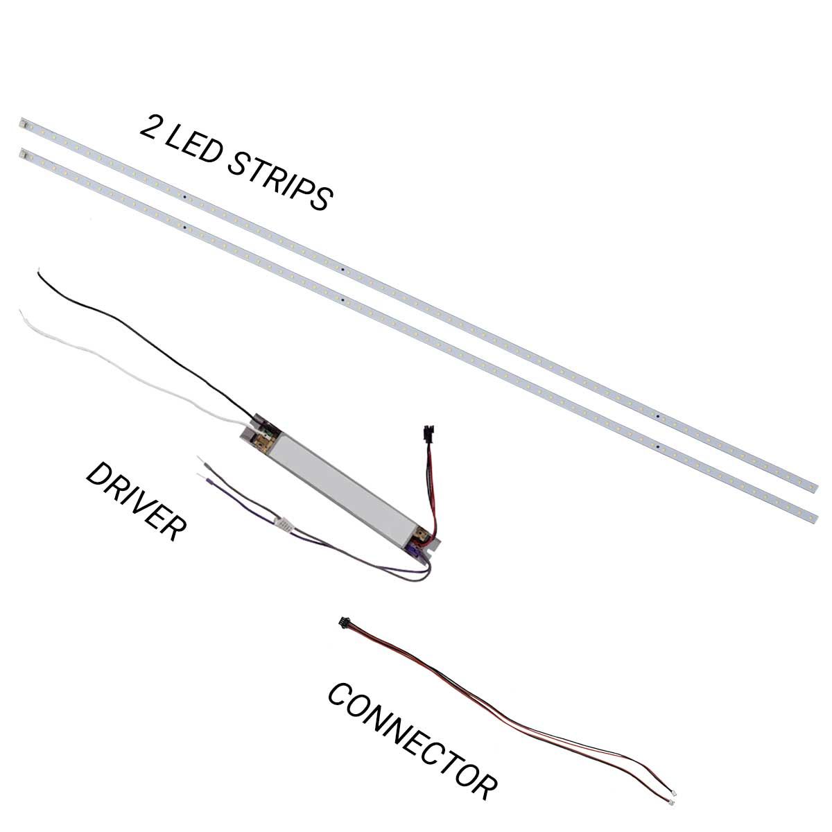 LED Magnetic Retrofit Kit for 2x4 or 1x4 Troffer consisting of two LED strips, driver, and connector parts