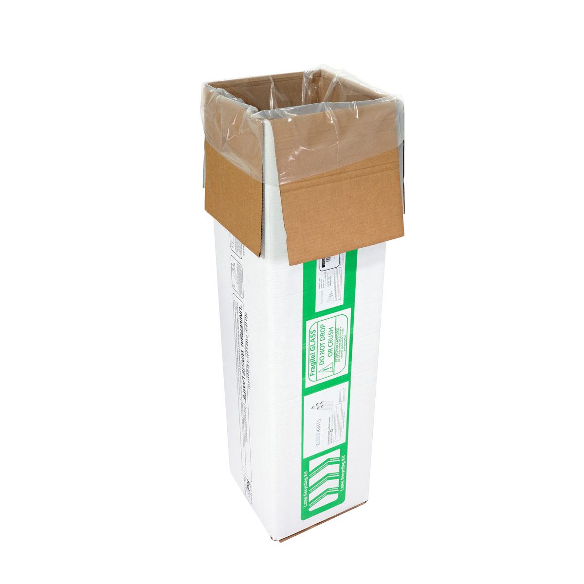 Jumbo Recycling Kit for 4ft Fluorescent Tubes with mercury-proof liner and recyclable cardboard box for safe disposal