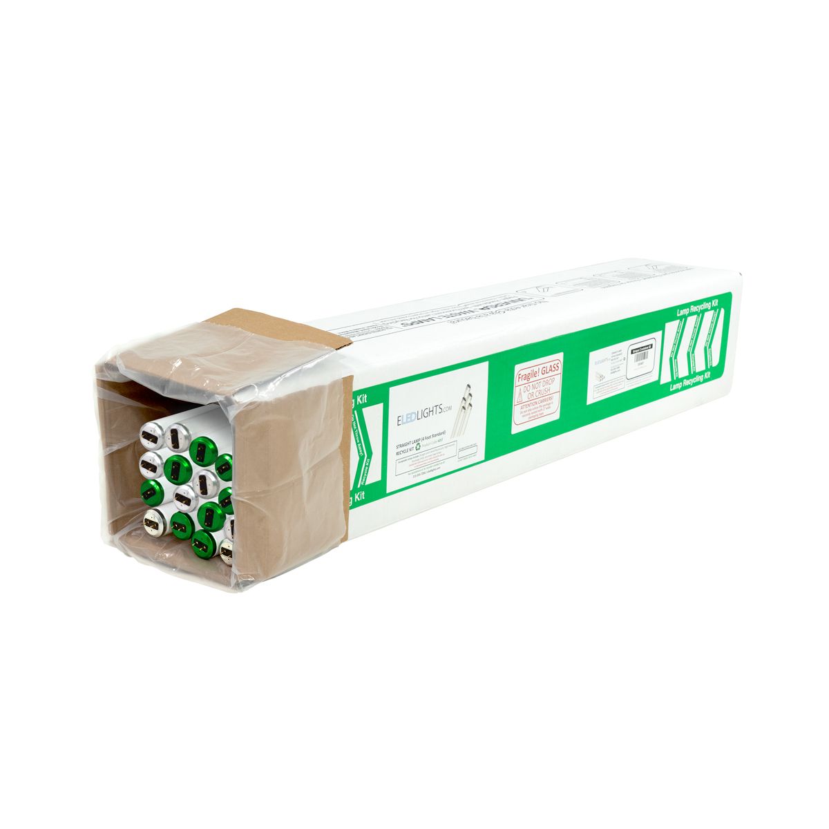 Recycling Kit for 4ft Fluorescent Tubes filled with used tubes in a recyclable cardboard box ready for shipping
