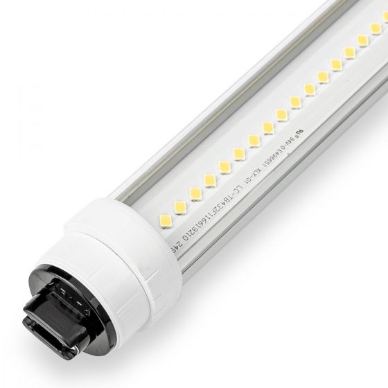 Close-up of 8ft LED Tube 42W 6,930 lumens R17D HO with visible LED chips and connector end for high output lighting.
