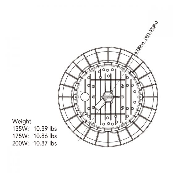 Top view technical drawing of motion sensor for high lumen high bays with weight and size specifications