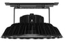 Black ceiling bracket with compact high bay fixture mounted, showing sturdy metal construction and cooling fins design