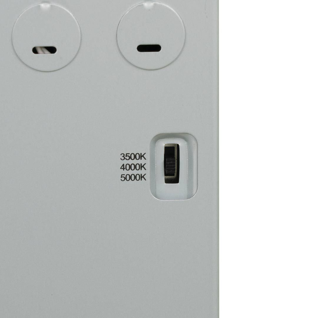 Close-up of 3 CCT switch on 2x4 Backlit LED Panel 22W 30W 38W MaxLite FlatMax Gen5 lighting fixture
