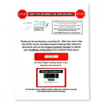 Instruction sheet with return shipping and recycling certificate details for Recycling Kit for 2ft U-Shape Fluorescent Tubes