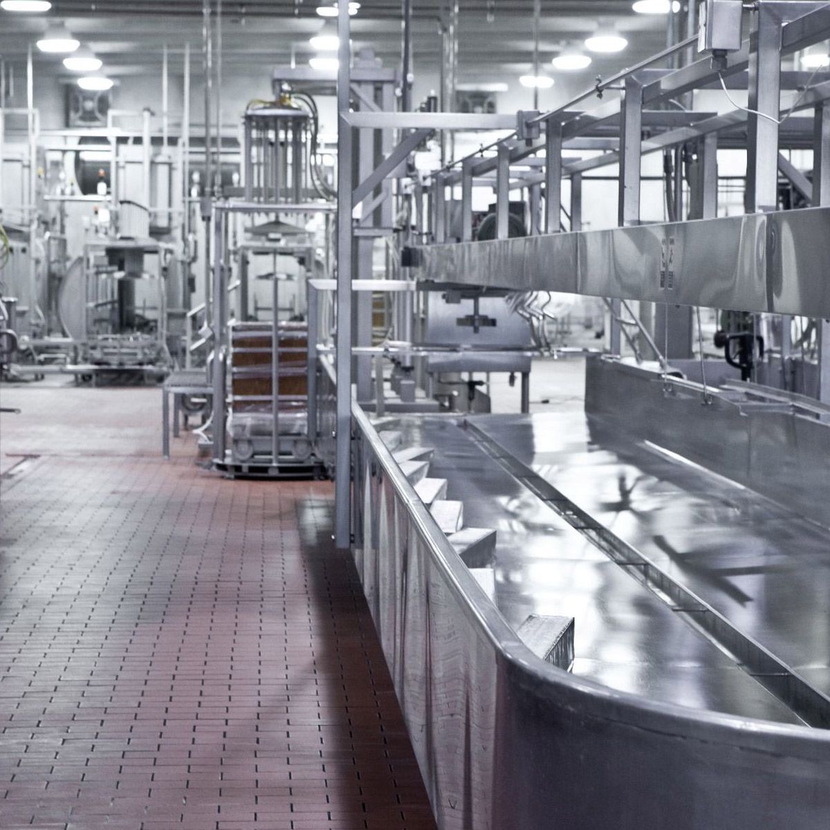 LED High Bay 100W 13,000 lm installed in clean industrial food processing facility with stainless steel equipment