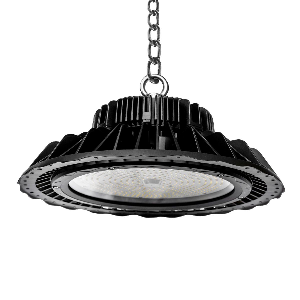 200W Ultra-High Lumen Dimmable High Bay LED Light with black heat sink and hanging chain fixture design