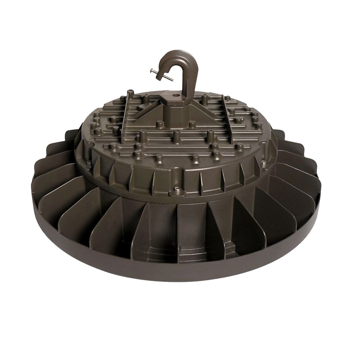 UFO LED High Bay 200W industrial light fixture with cooling fins and hook mount for commercial spaces
