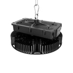 Refurbished High Power 450W Dimmable LED High Bay light fixture hanging with heat sink and mounting hook visible
