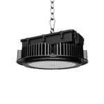 Refurbished High Power 450W Dimmable LED High Bay light with black heat sink and chain mount against white background