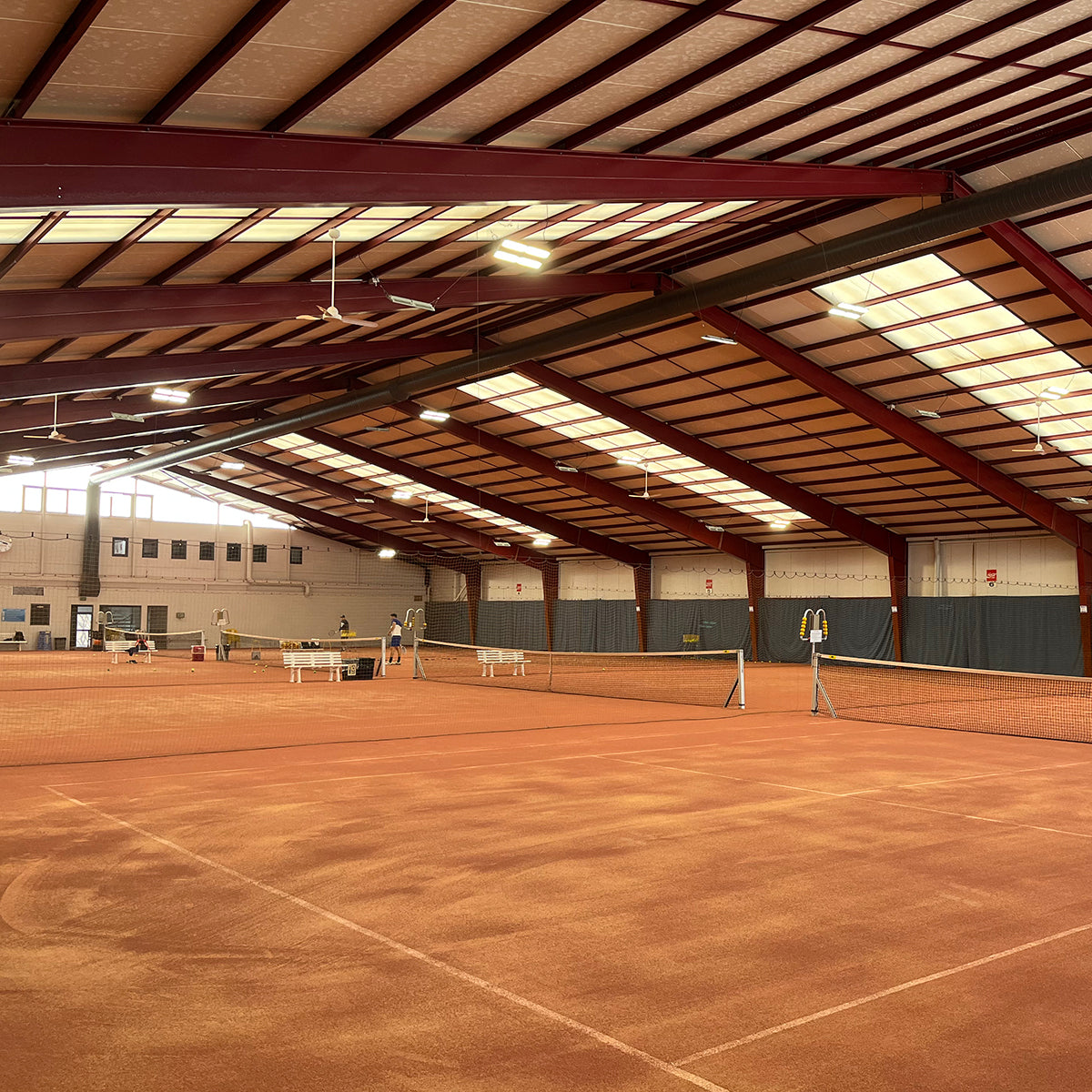 Indoor sports arena lit by Linear LED High Bay lights with swappable optics for durable, high-performance lighting