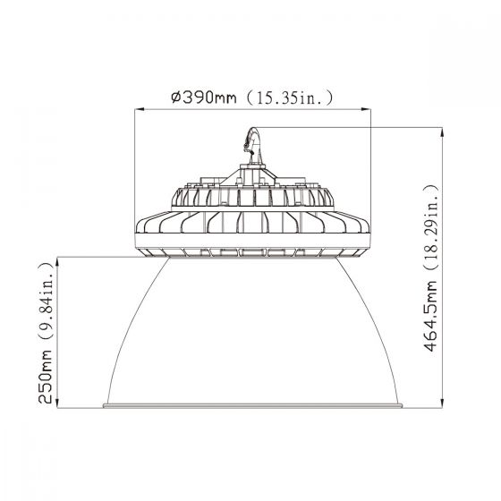 Technical drawing of an Aluminum Reflector showing dimensions in millimeters and inches for height and diameter.
