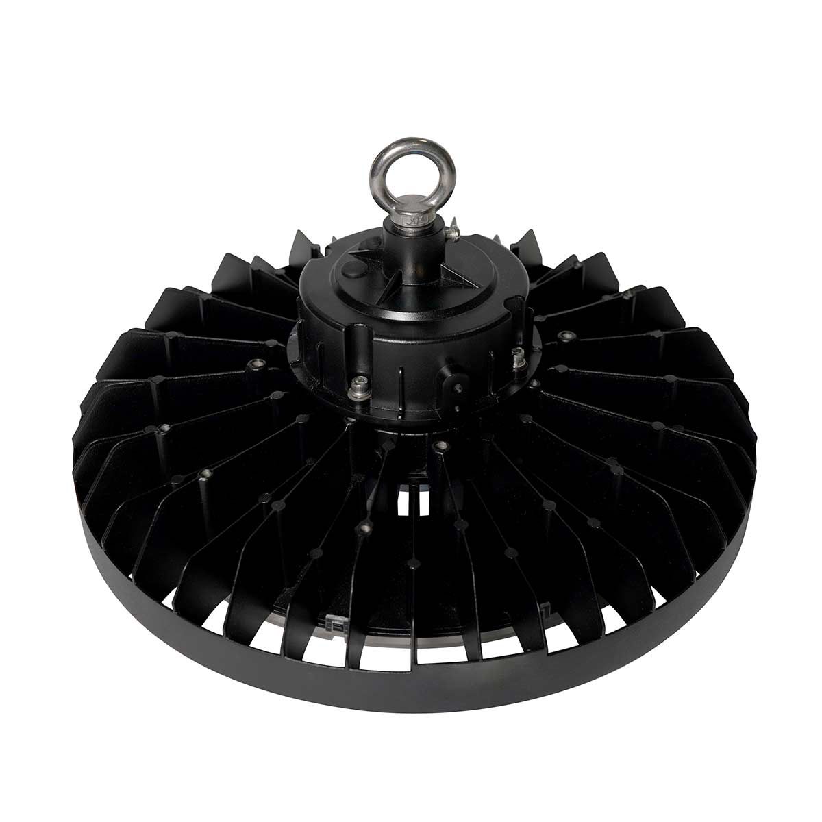 UFO LED High Bay 200W black industrial light fixture with heat sink and hanging ring designed for high ceilings