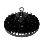 UFO LED High Bay 200W black industrial light fixture with heat sink and hanging ring designed for high ceilings
