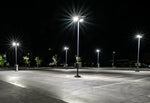 LED Shoebox Area Light - 300W illuminating a parking lot with bright, energy-efficient, rugged streetlights at night