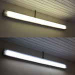 8ft LED Tube 42W 6,930 lumens R17D HO shown installed above ceiling, comparing brightness before and after upgrade