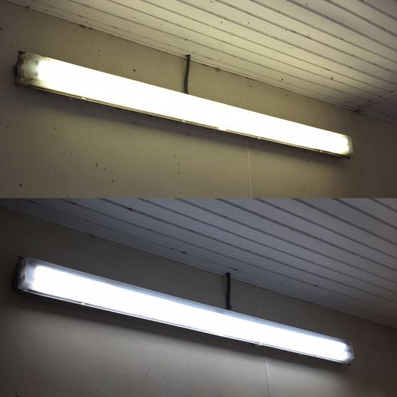 8ft LED Tube 42W 6,930 lumens R17D HO shown installed above ceiling, comparing brightness before and after upgrade