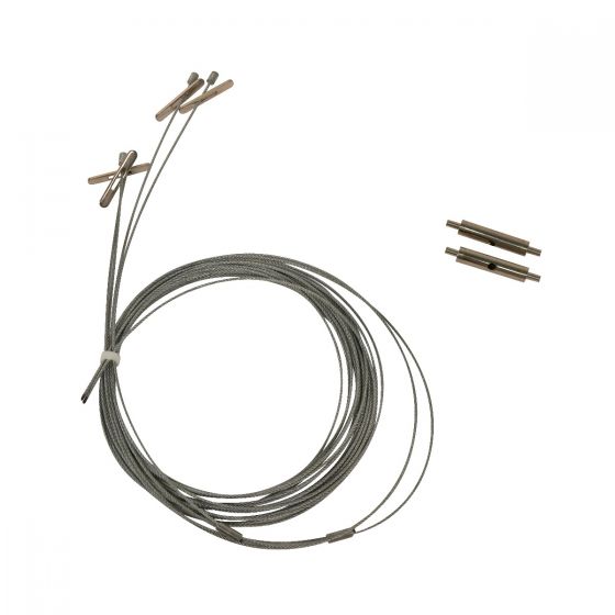 Suspension Kit for Maxlite All-in-One Linear LED Shop Light with steel cables and mounting clips on white background.