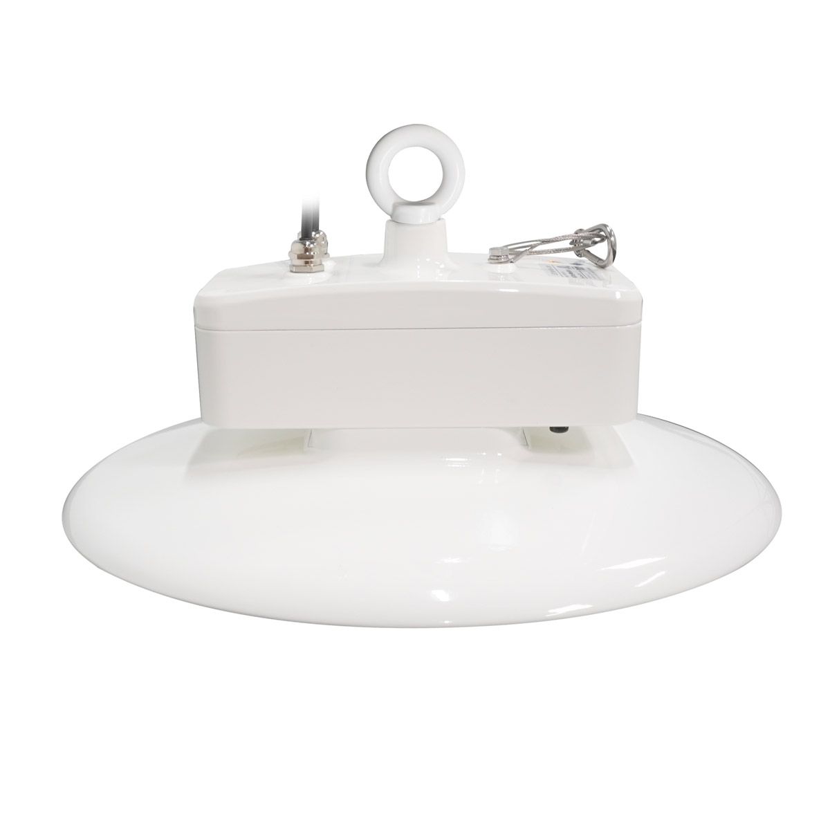 Washdown LED High Bay – NSF – 150W with white housing and stainless-steel loop for easy hanging and sanitation
