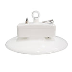 Washdown LED High Bay – NSF – 150W with white housing and stainless-steel loop for easy hanging and sanitation